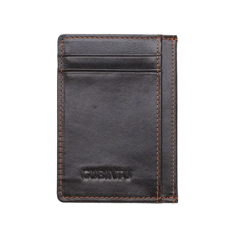 Men's creative genuine leather card holder in dark brown solid colour, slim profile with card slots, 7.8cm by 10.7cm