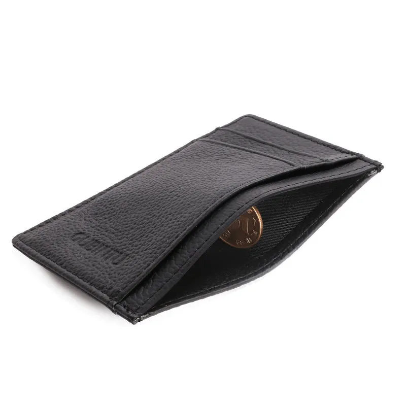 Men's creative genuine leather card holder in dark brown solid colour, slim profile with card slots, 7.8cm by 10.7cm