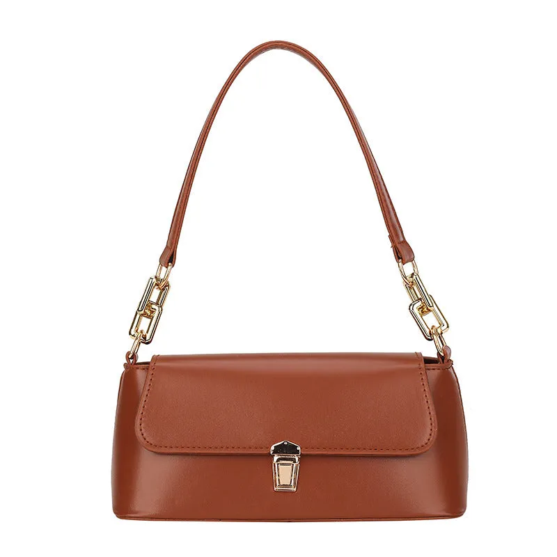 French casual brown PU underarm shoulder bag with chain strap and horizontal square sandwich pocket design.