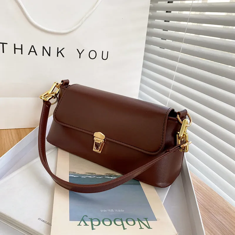 French casual brown PU underarm shoulder bag with chain strap and horizontal square sandwich pocket design.