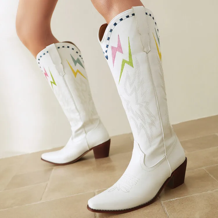 Women's black knee-high boots with lightning embroidery pattern, chunky heel, and square toe on a white background