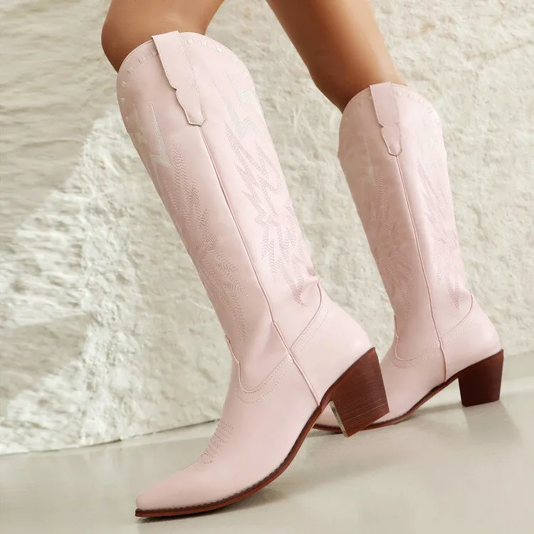 Women's black knee-high boots with lightning embroidery pattern, chunky heel, and square toe on a white background