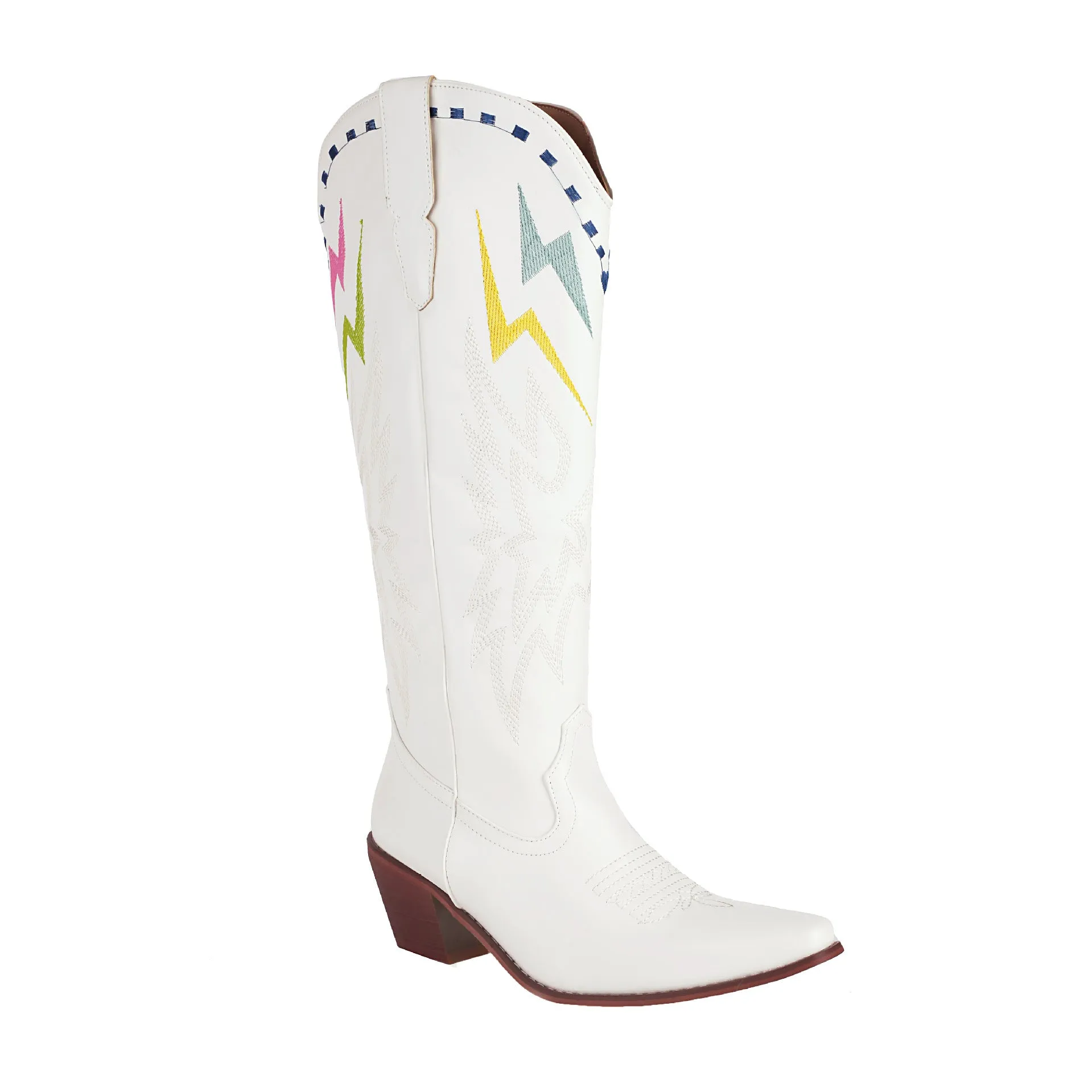 Women's black knee-high boots with lightning embroidery pattern, chunky heel, and square toe on a white background