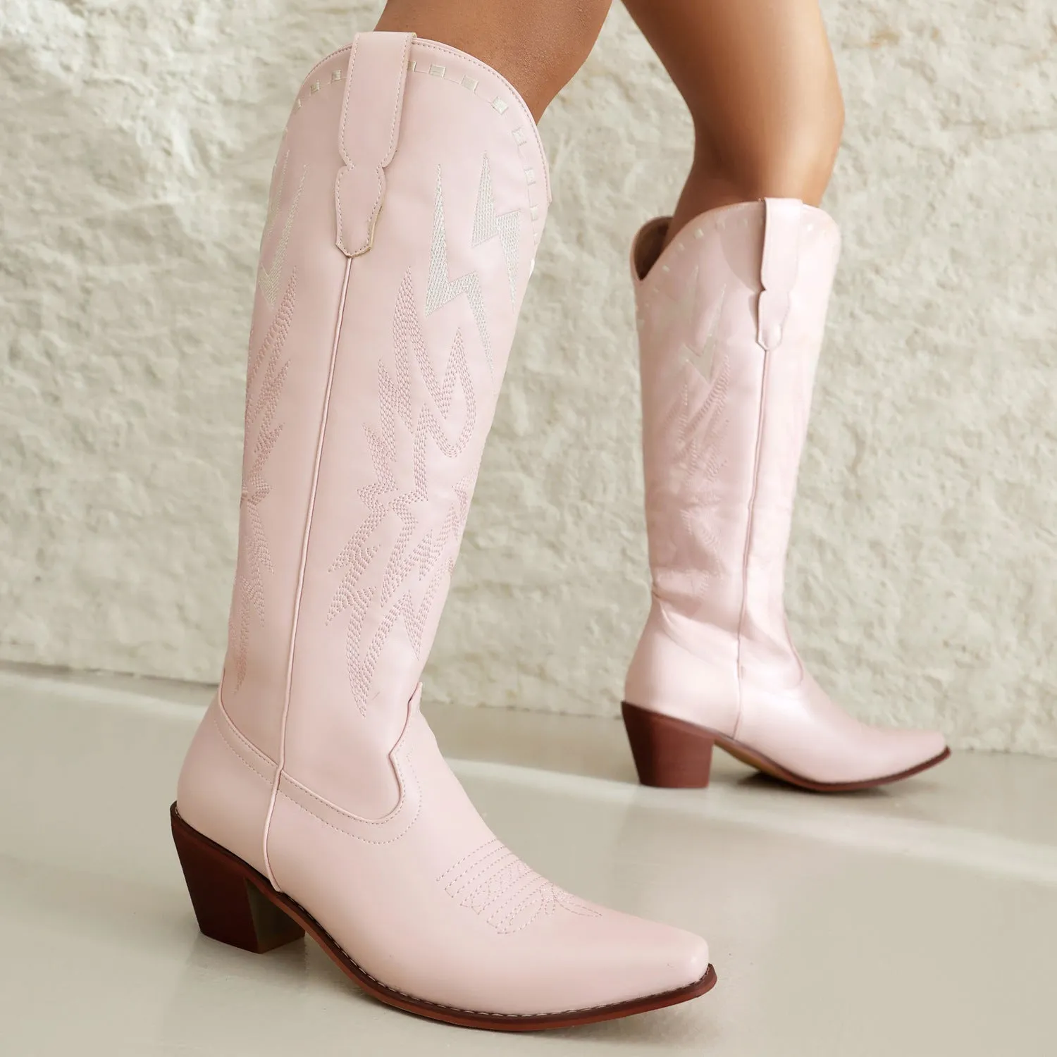 Women's black knee-high boots with lightning embroidery pattern, chunky heel, and square toe on a white background