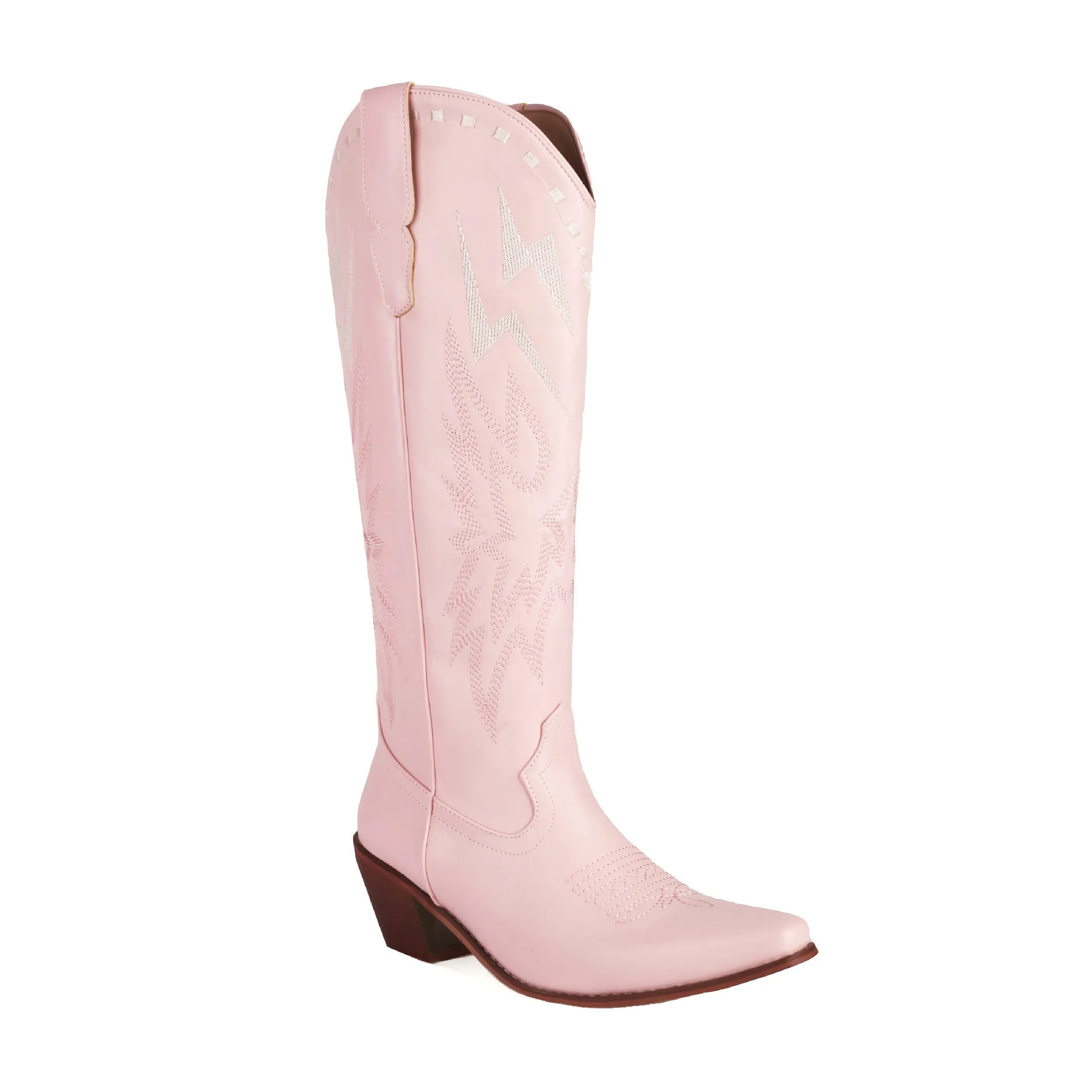 Women's black knee-high boots with lightning embroidery pattern, chunky heel, and square toe on a white background