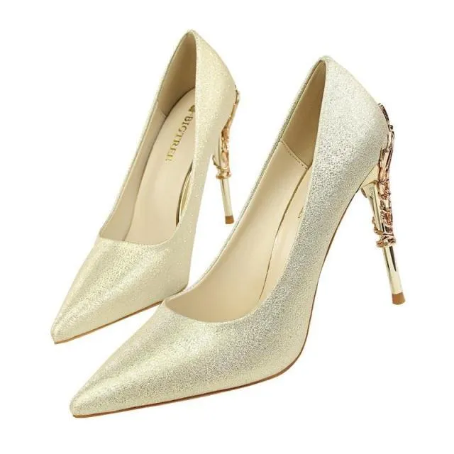 LAKESHI women's metal-engraved high heel shoes with 10cm heel, available in multiple colours