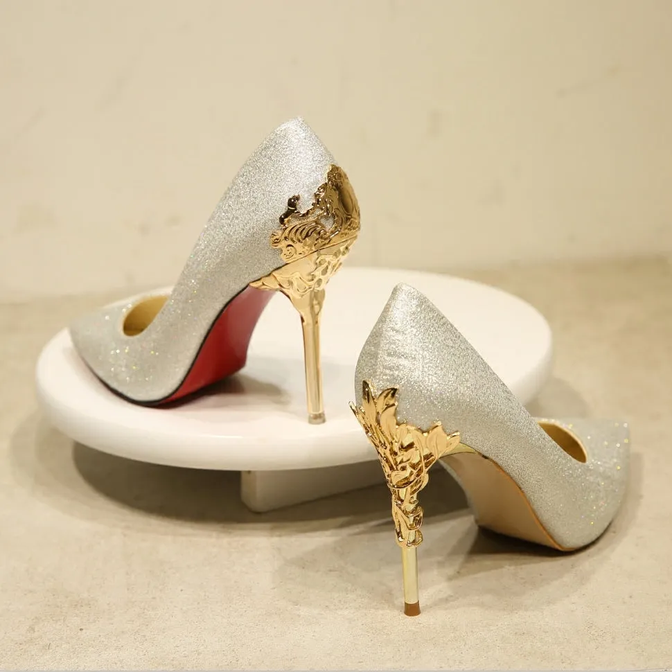 LAKESHI women's metal-engraved high heel shoes with 10cm heel, available in multiple colours