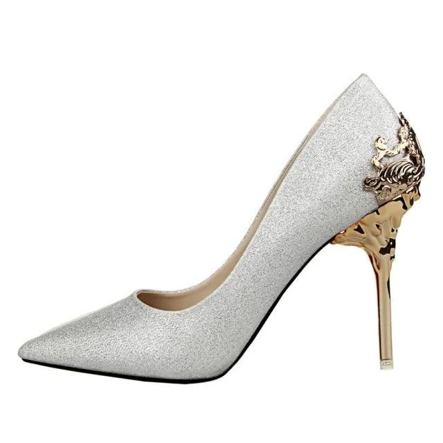 LAKESHI women's metal-engraved high heel shoes with 10cm heel, available in multiple colours