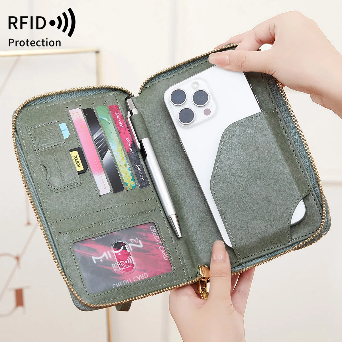 RFID multi-functional double zipper crossbody wallet in shell starfish design with letter pattern