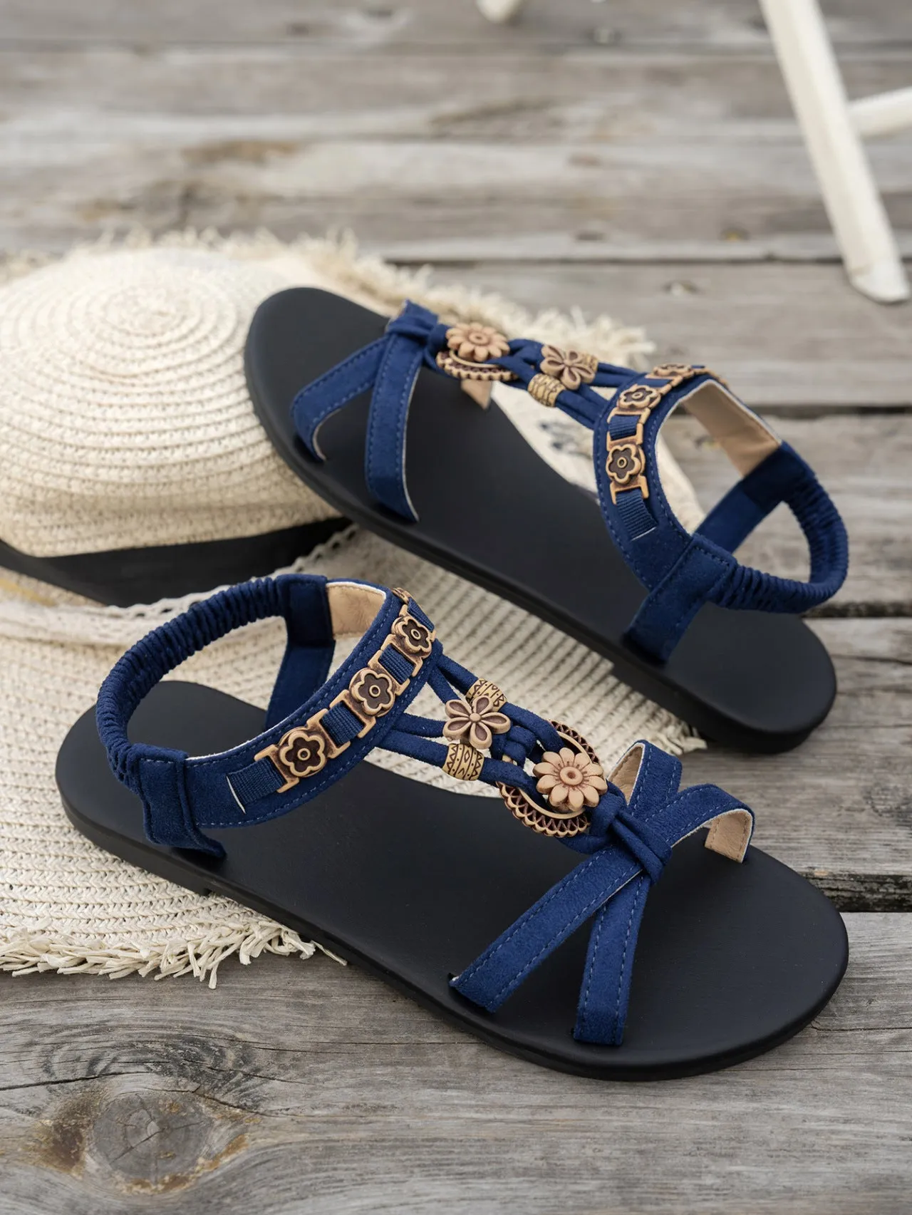 Women's flat plus size bohemian beach shoes with rhinestones, PU upper, TPR sole, black colour
