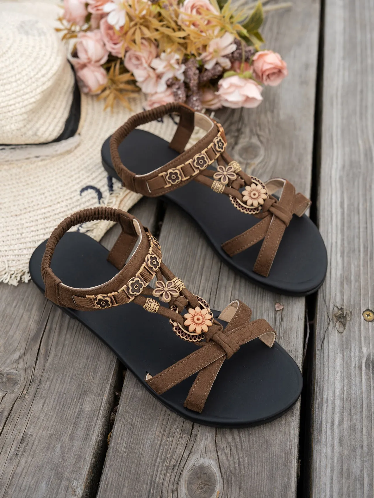 Women's flat plus size bohemian beach shoes with rhinestones, PU upper, TPR sole, black colour