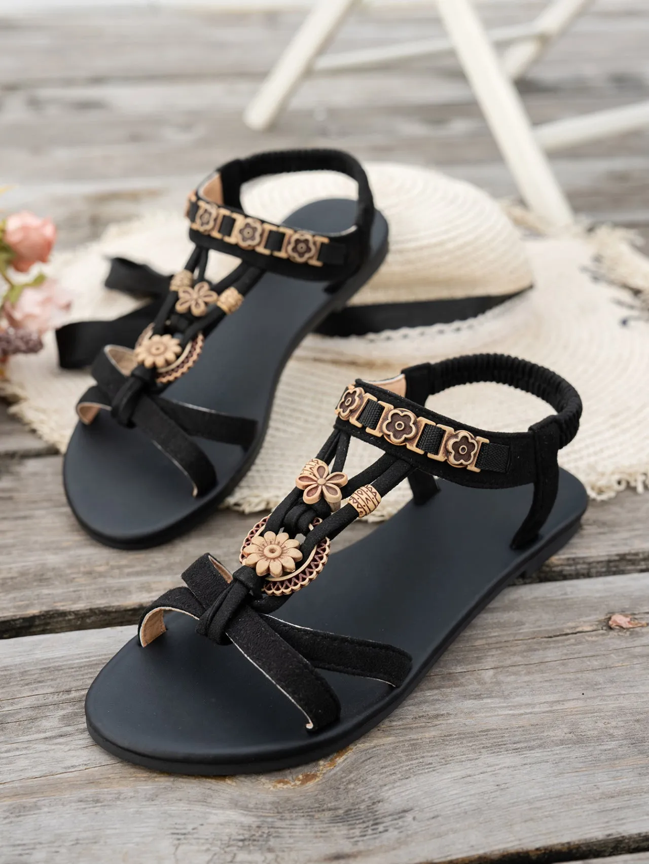 Women's flat plus size bohemian beach shoes with rhinestones, PU upper, TPR sole, black colour