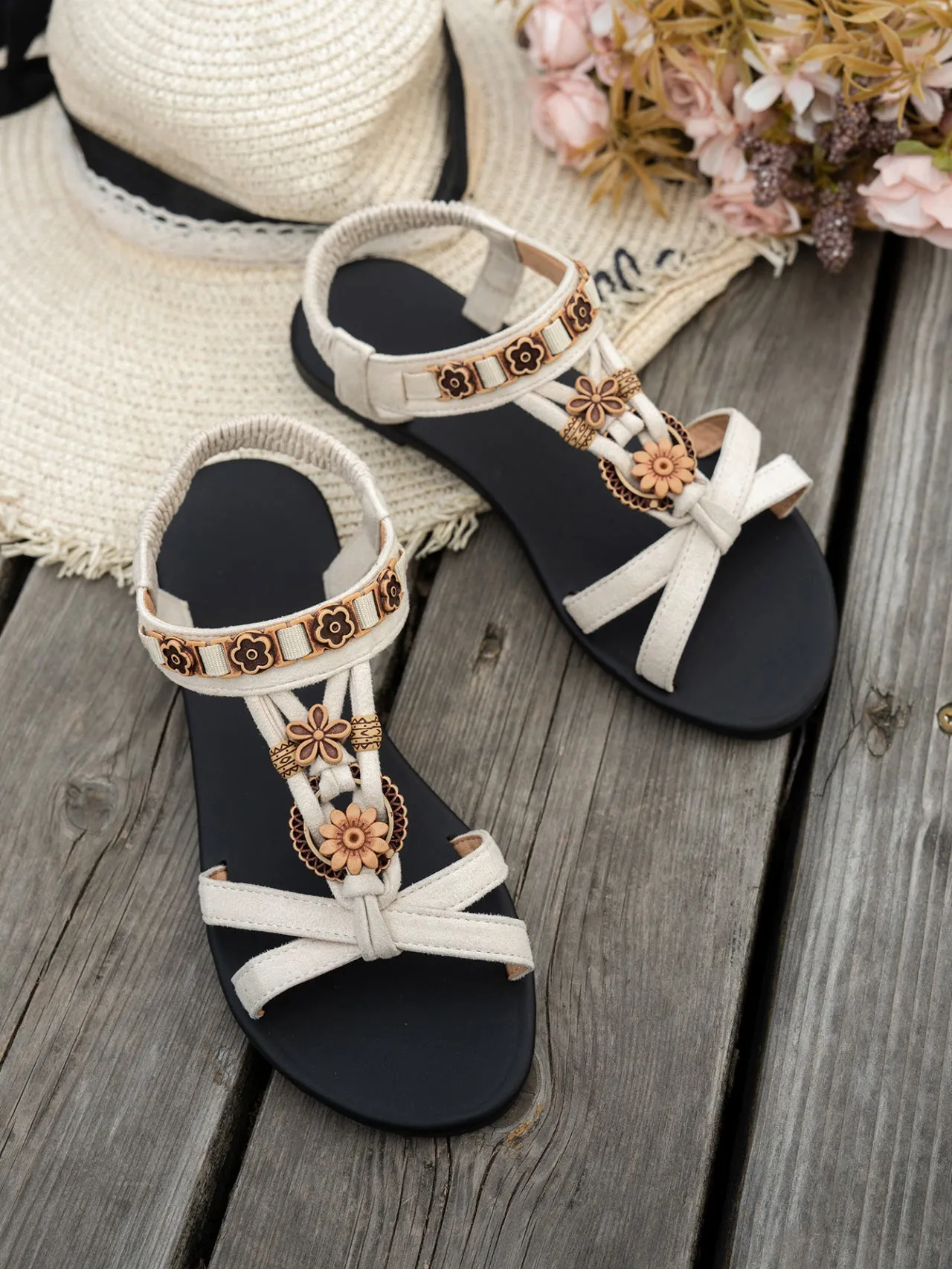 Women's flat plus size bohemian beach shoes with rhinestones, PU upper, TPR sole, black colour