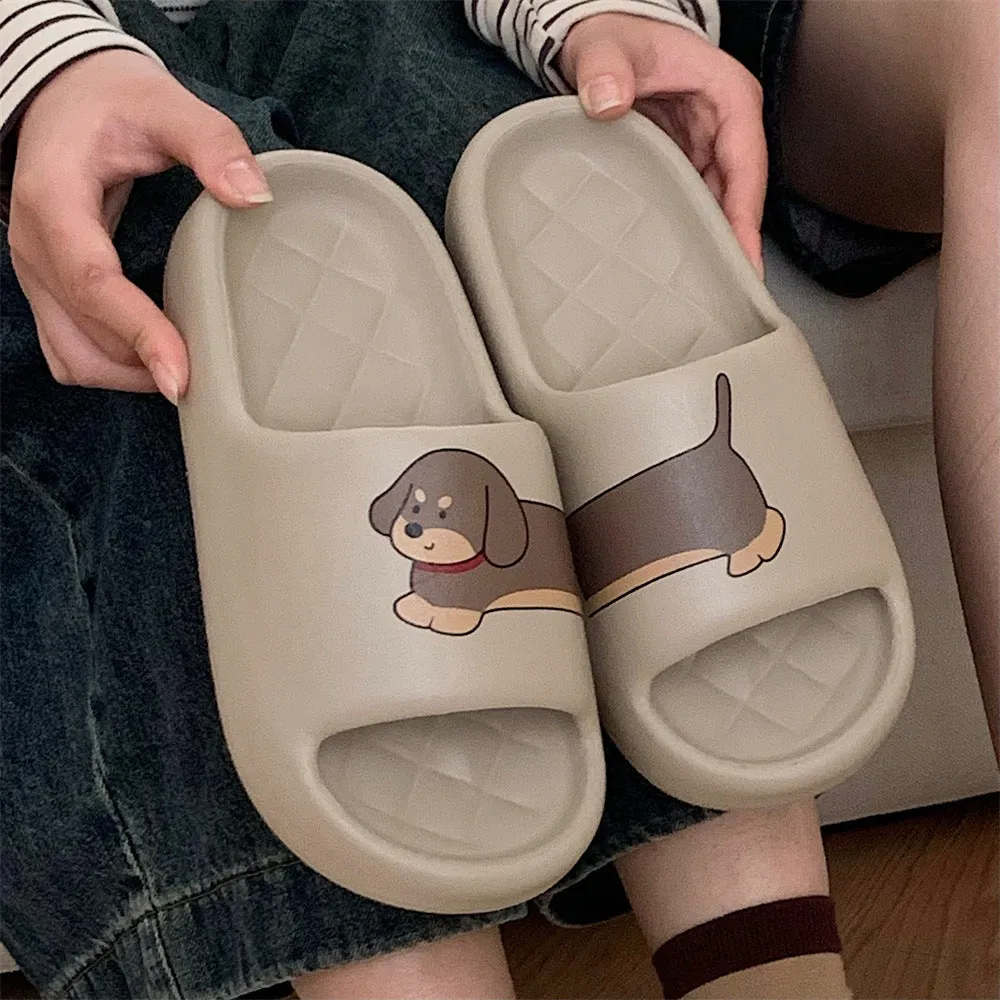 EVA couple flip flop slippers with thick sole in milky white, desert brown, and black brown colours with stitching dog pattern.