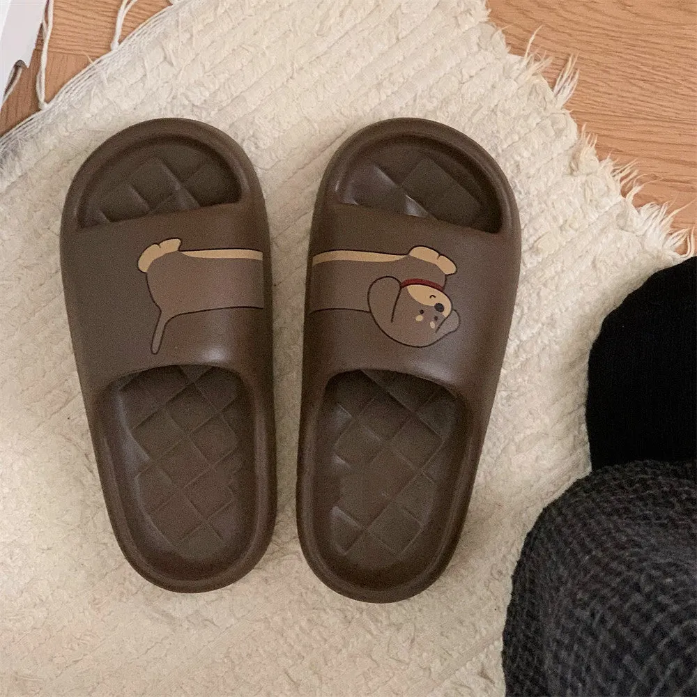 EVA couple flip flop slippers with thick sole in milky white, desert brown, and black brown colours with stitching dog pattern.