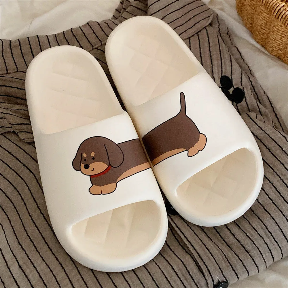 EVA couple flip flop slippers with thick sole in milky white, desert brown, and black brown colours with stitching dog pattern.