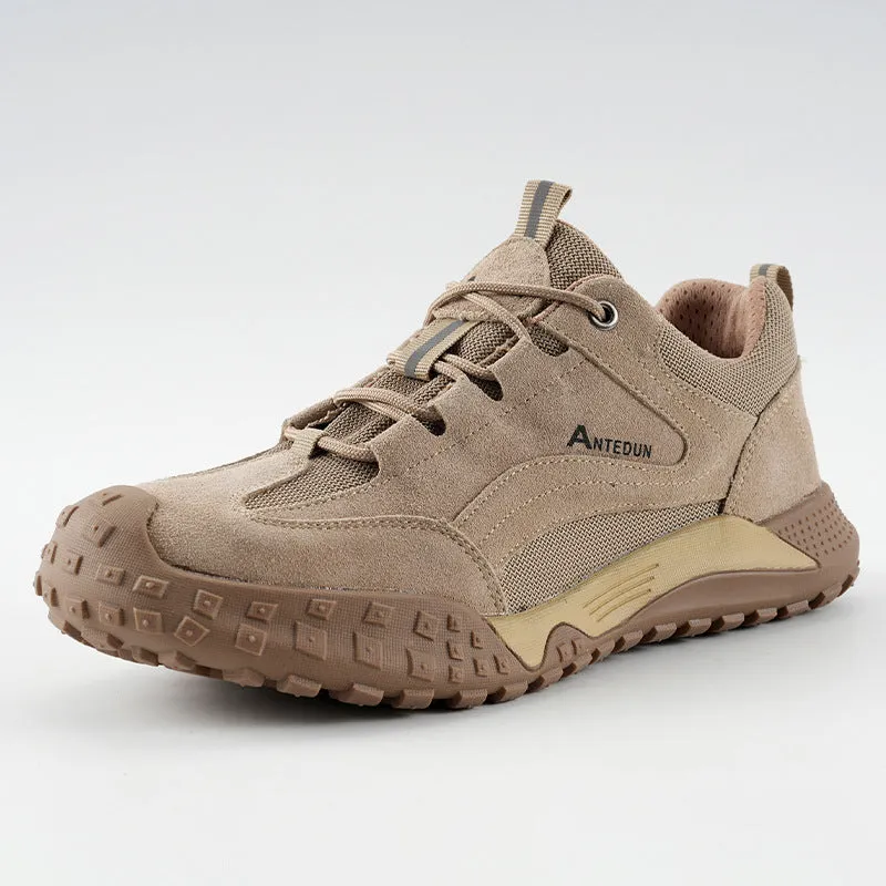 Men's khaki suede and canvas low-top safety shoes with lace-up closure and plastic steel toe for construction site use