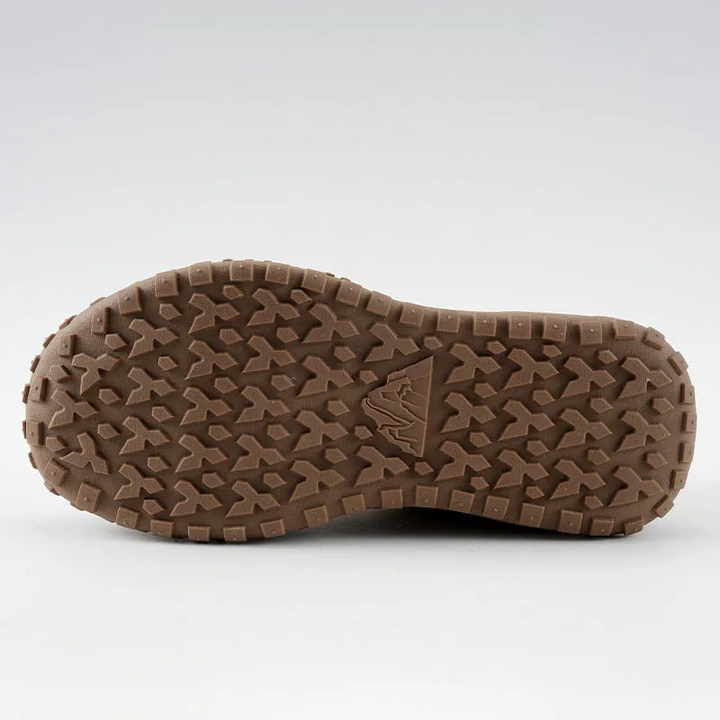 Men's khaki suede and canvas low-top safety shoes with lace-up closure and plastic steel toe for construction site use
