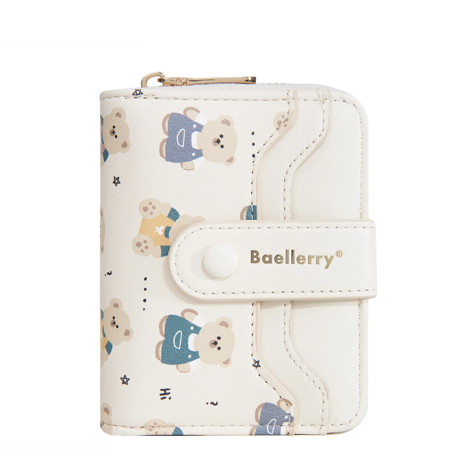 Cartoon printed women's wallet in beige with visible sewing thread details and short horizontal shape
