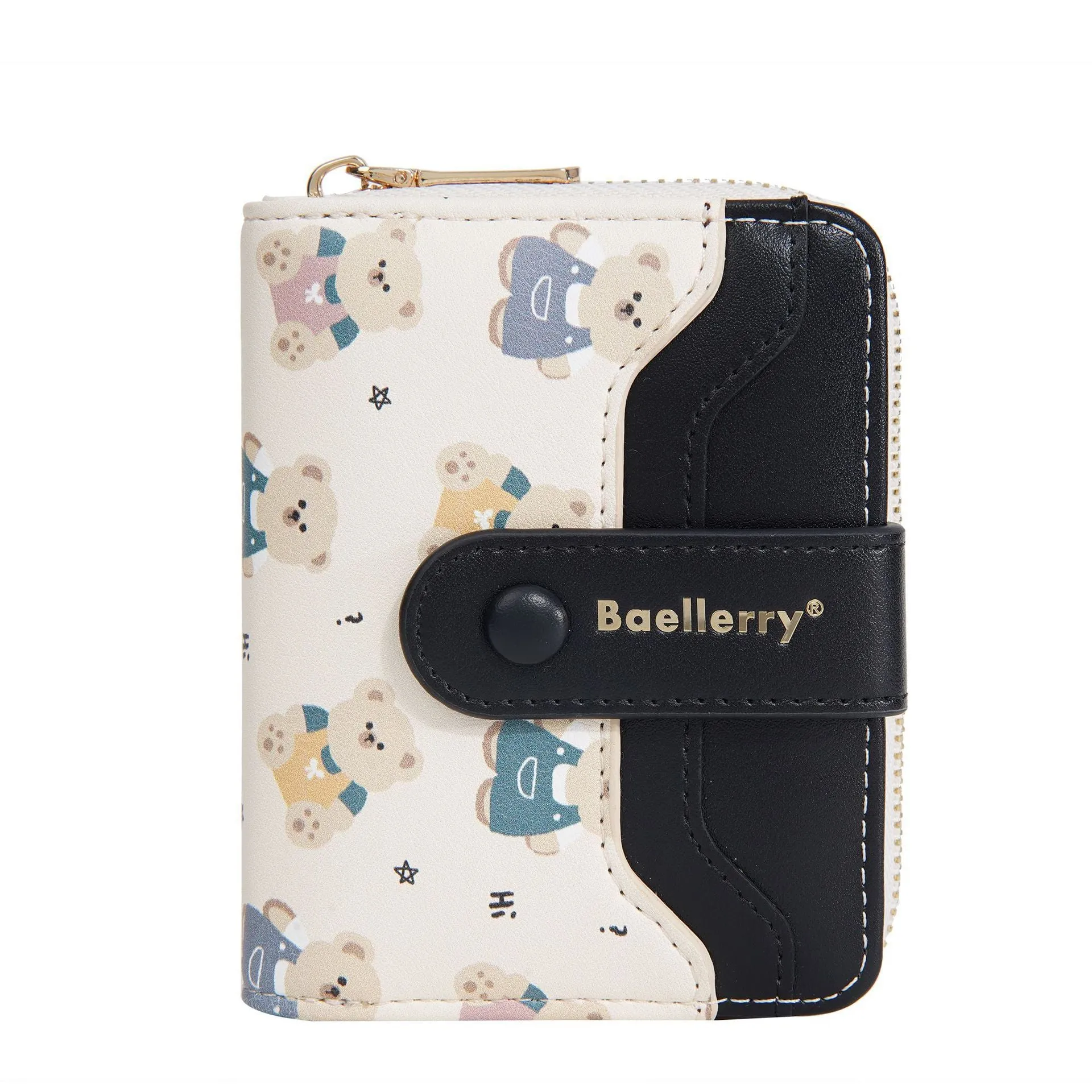 Cartoon printed women's wallet in beige with visible sewing thread details and short horizontal shape