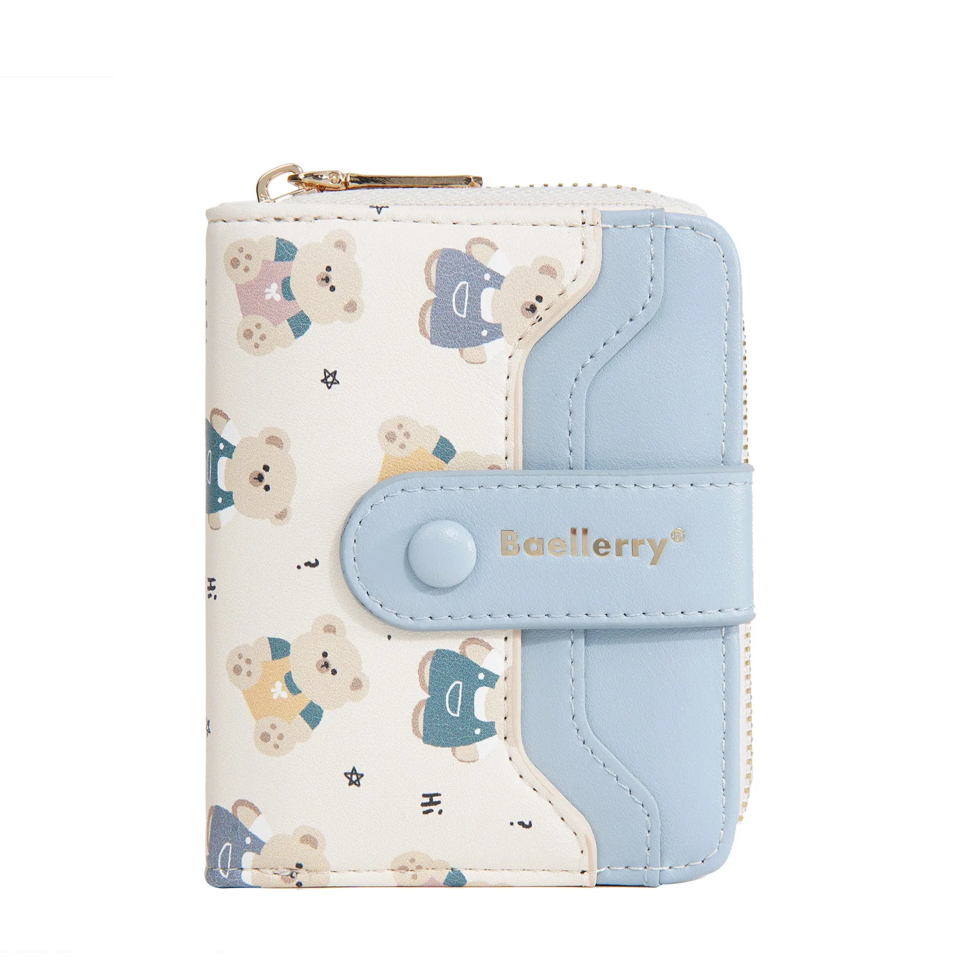 Cartoon printed women's wallet in beige with visible sewing thread details and short horizontal shape