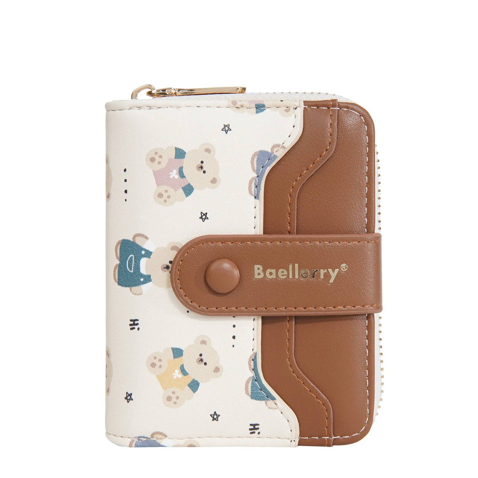 Cartoon printed women's wallet in beige with visible sewing thread details and short horizontal shape