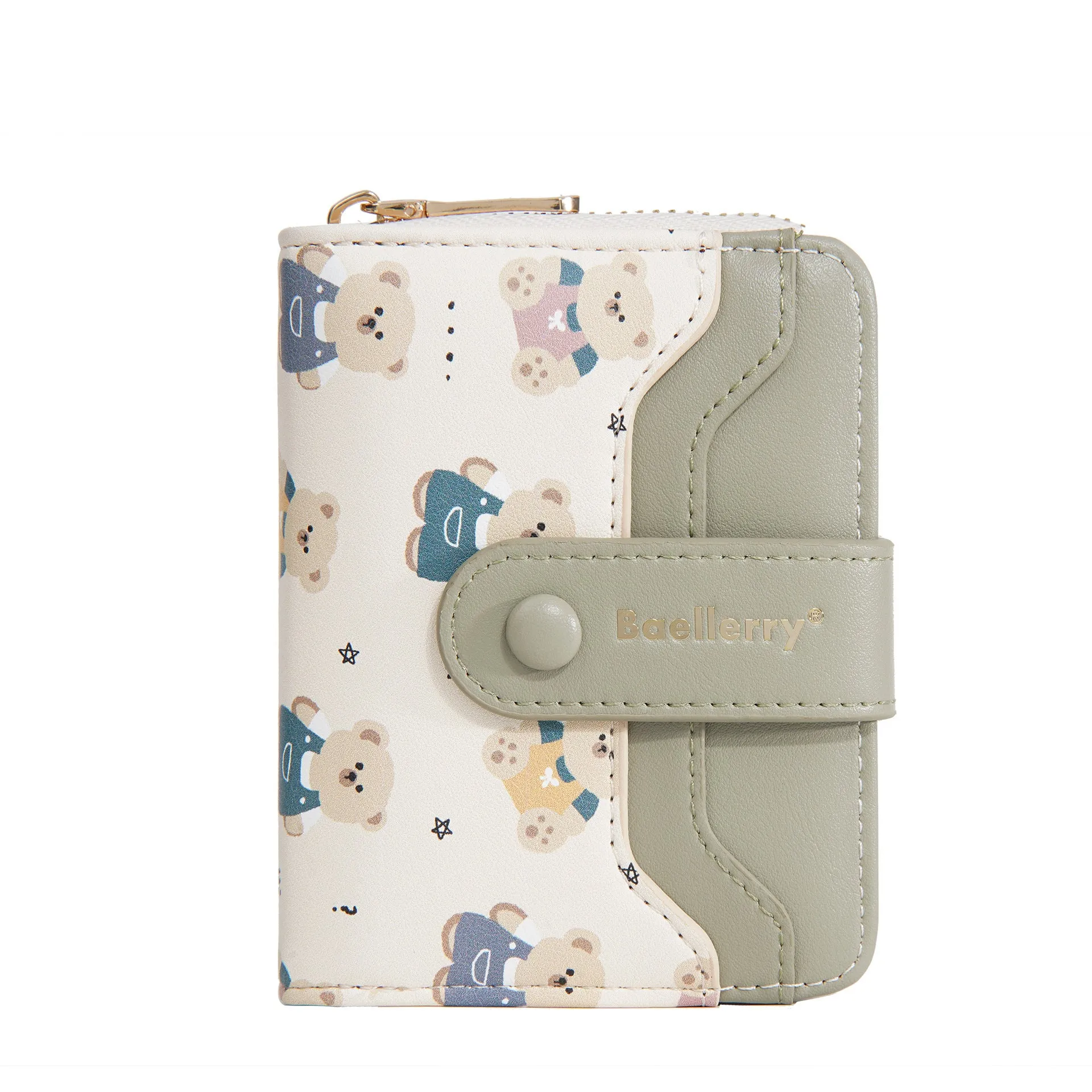 Cartoon printed women's wallet in beige with visible sewing thread details and short horizontal shape