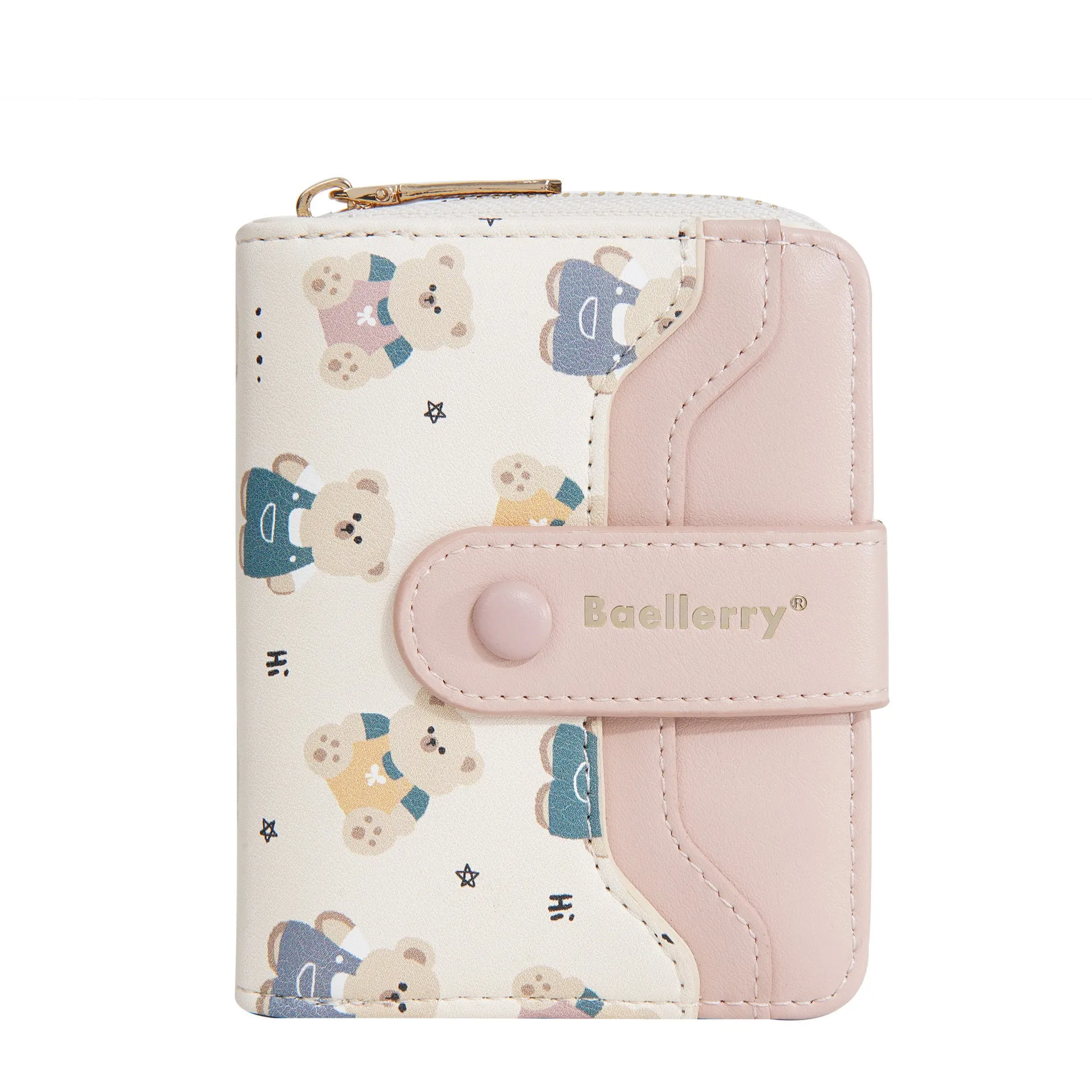 Cartoon printed women's wallet in beige with visible sewing thread details and short horizontal shape
