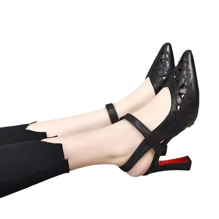 Women's pointed toe sandals with hollowed toe box in black, red, and creamy-white on a rubber sole.