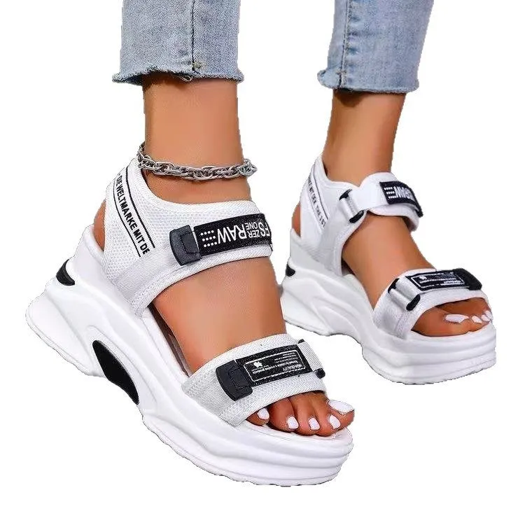 White women's summer wedge sandals with platform, fish mouth toe, and Velcro closure