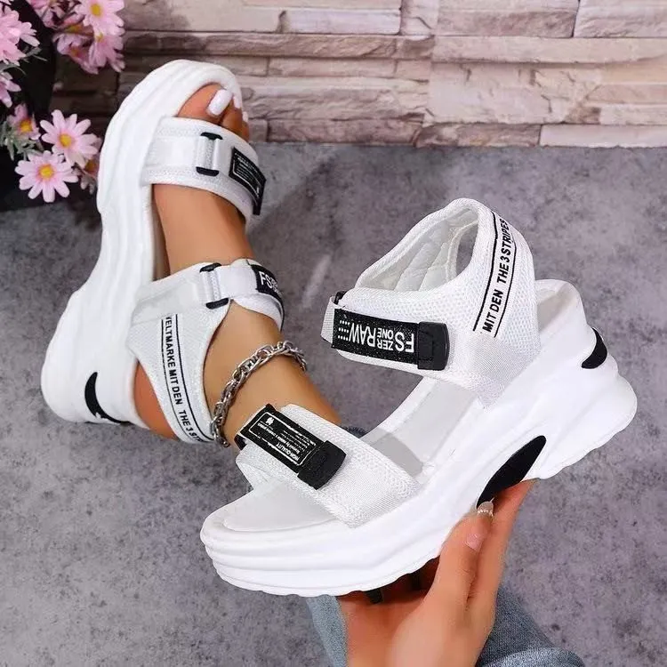 White women's summer wedge sandals with platform, fish mouth toe, and Velcro closure