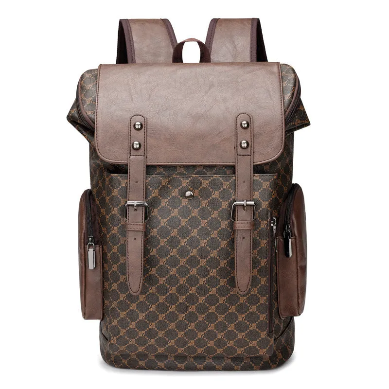 Men's PU leather plaid backpack in black, 45x15x30cm, with air pillow belt