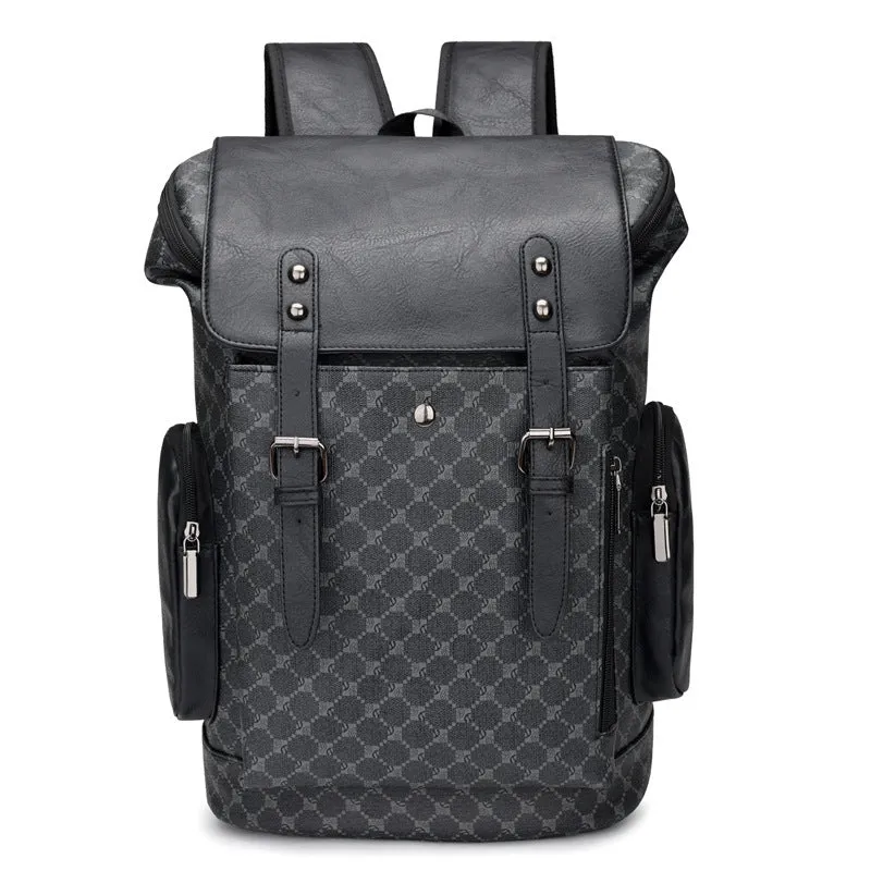 Men's PU leather plaid backpack in black, 45x15x30cm, with air pillow belt