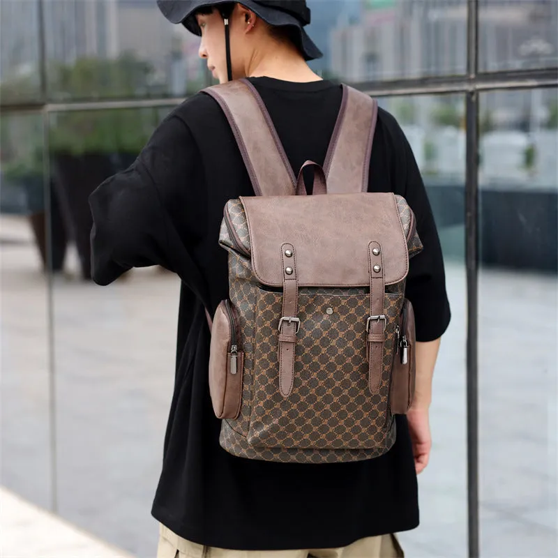Men's PU leather plaid backpack in black, 45x15x30cm, with air pillow belt