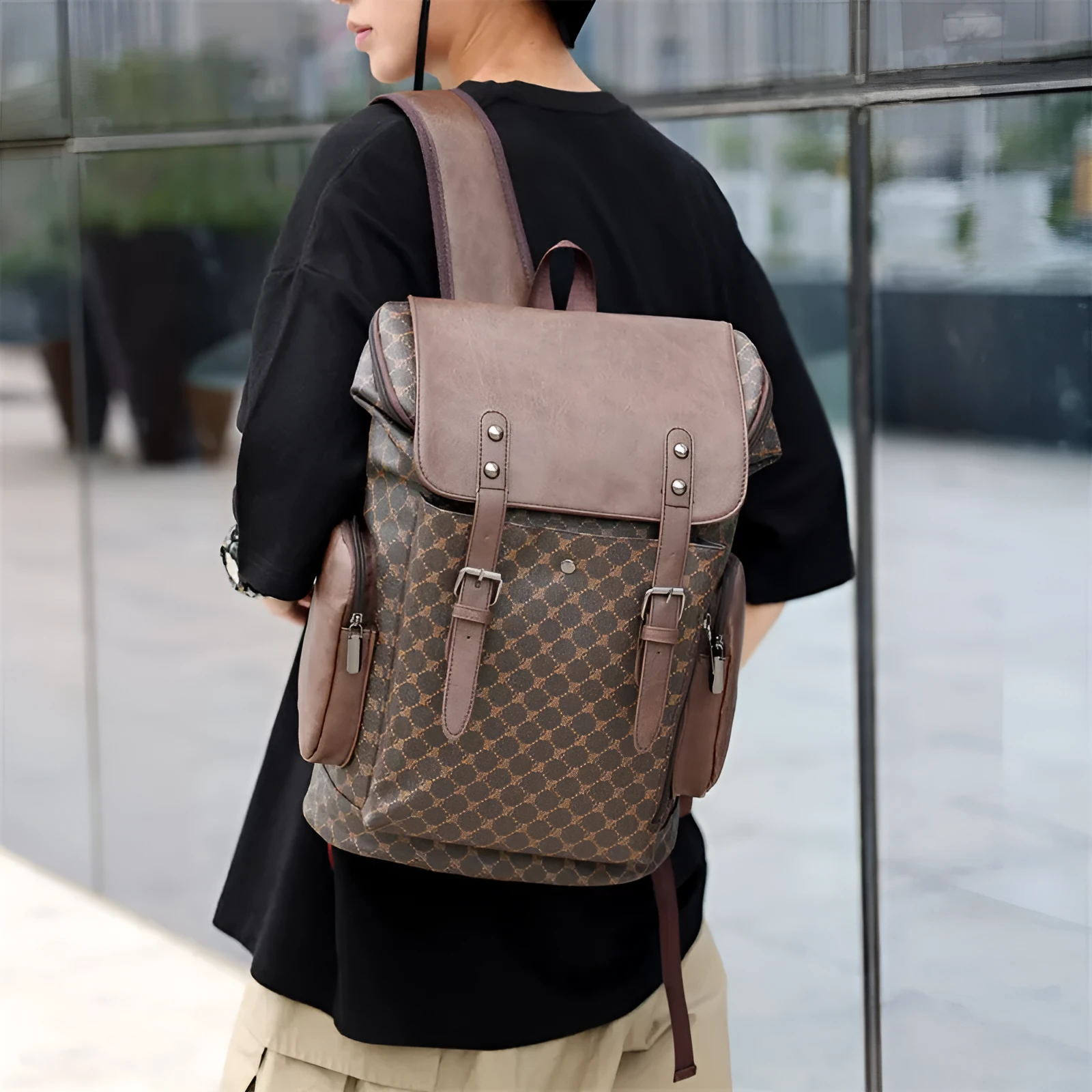 Men's PU leather plaid backpack in black, 45x15x30cm, with air pillow belt