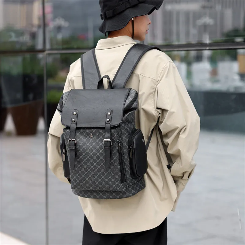 Men's PU leather plaid backpack in black, 45x15x30cm, with air pillow belt