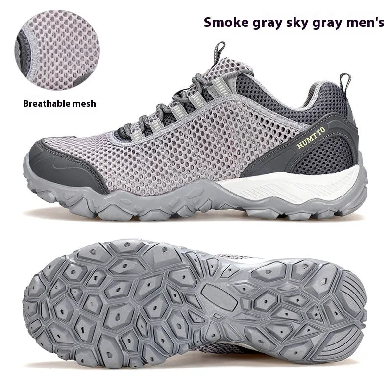 Breathable lightweight non-slip outdoor climbing boots with leather mesh upper and MD sole in sand colour for men