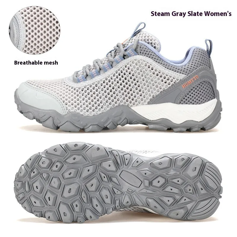 Breathable lightweight non-slip outdoor climbing boots with leather mesh upper and MD sole in sand colour for men