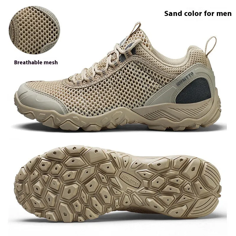 Breathable lightweight non-slip outdoor climbing boots with leather mesh upper and MD sole in sand colour for men