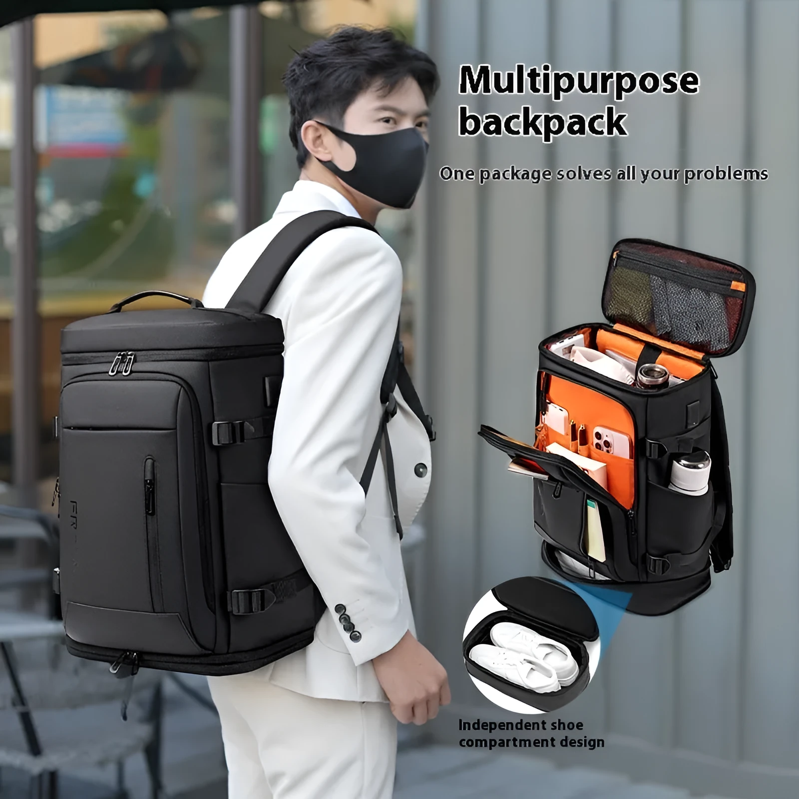 Black Oxford cloth travel bag with USB interface and curved shoulder strap for 16-inch computer