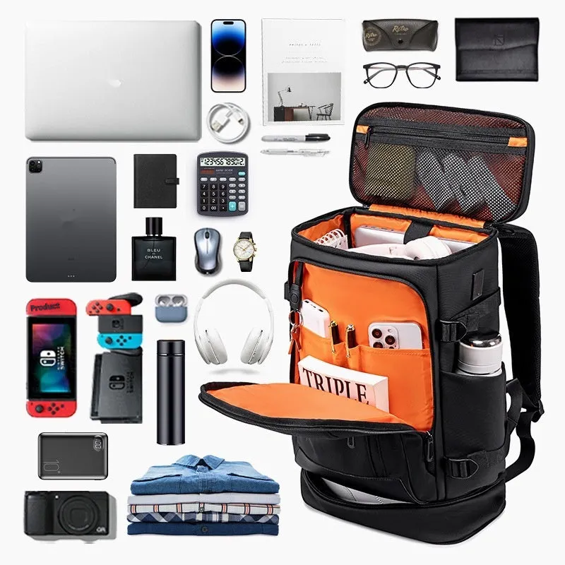 Black Oxford cloth travel bag with USB interface and curved shoulder strap for 16-inch computer