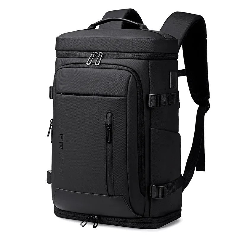 Black Oxford cloth travel bag with USB interface and curved shoulder strap for 16-inch computer