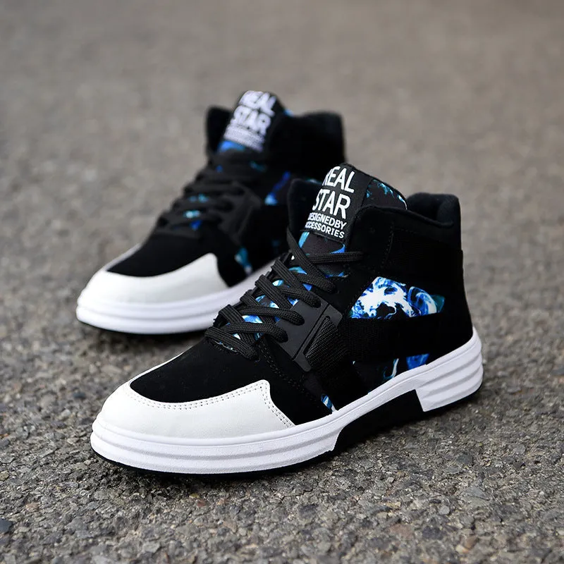 Camouflage high-top lace-up shoe with suede leather upper and non-slip rubber outsole, side view