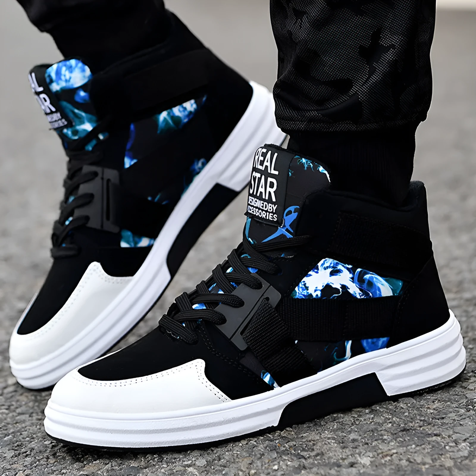 Camouflage high-top lace-up shoe with suede leather upper and non-slip rubber outsole, side view