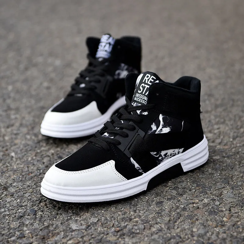Camouflage high-top lace-up shoe with suede leather upper and non-slip rubber outsole, side view