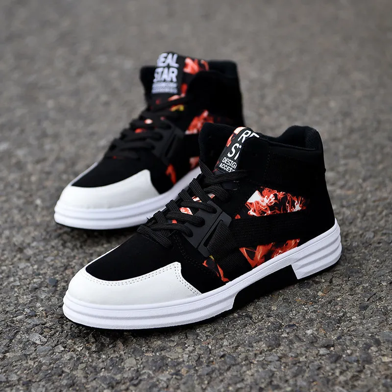 Camouflage high-top lace-up shoe with suede leather upper and non-slip rubber outsole, side view