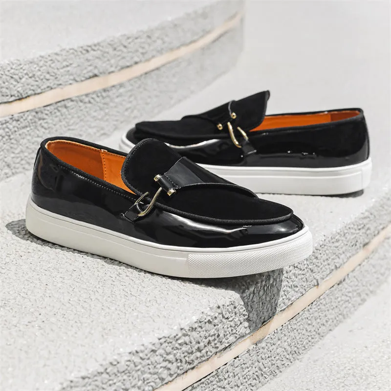 Men's solid colour casual shoes in black artificial PU leather on a neutral background