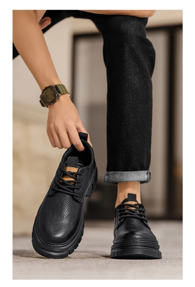Genuine leather height increasing lace-up work casual shoes in black and brown with low heel and rubber sole