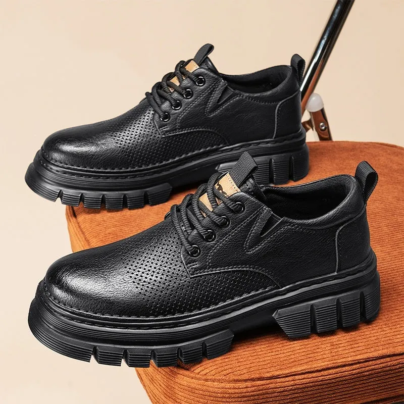 Genuine leather height increasing lace-up work casual shoes in black and brown with low heel and rubber sole