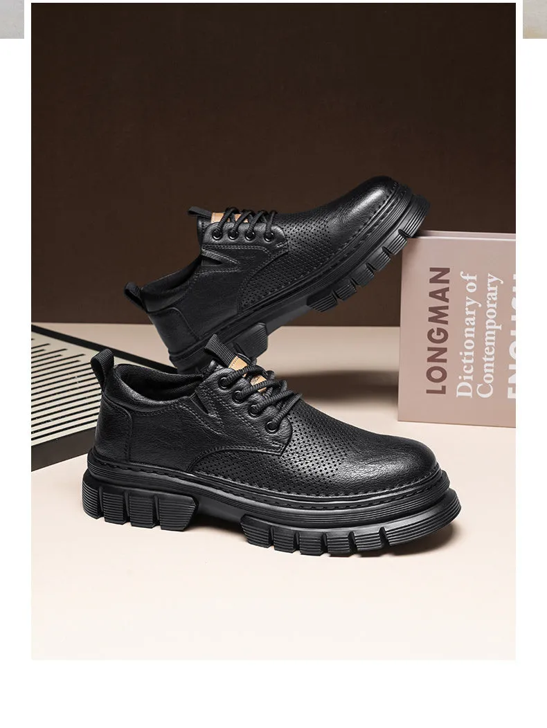 Genuine leather height increasing lace-up work casual shoes in black and brown with low heel and rubber sole